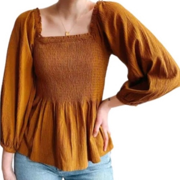 Madewell Tops - Madewell - Mustard Lucie Smocked Peplum Hem Long Sleeve Antique Gold Blouse 10